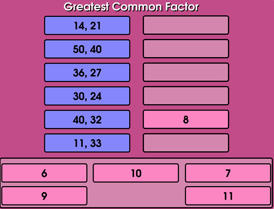 Greatest Common Factor Matching Game